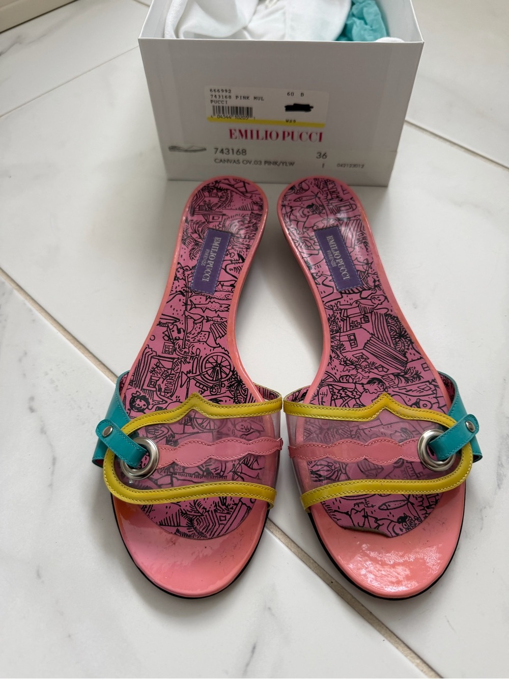 Emilio Pucci Pink Slide Sandals with Yellow & Teal Accents